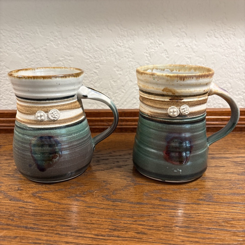 Joe Frank McKee Hand Thrown Signed Studio Pottery Set Of 2 Green Mugs